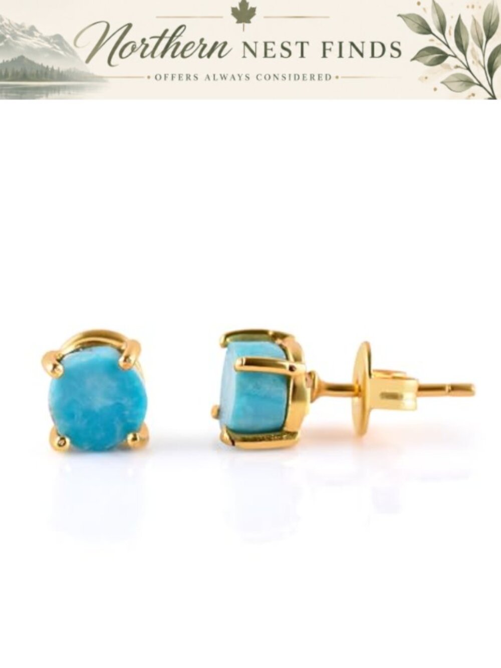 14K Gold Plated Raw Turquoise Stud Earrings Natural Gemstone Dainty